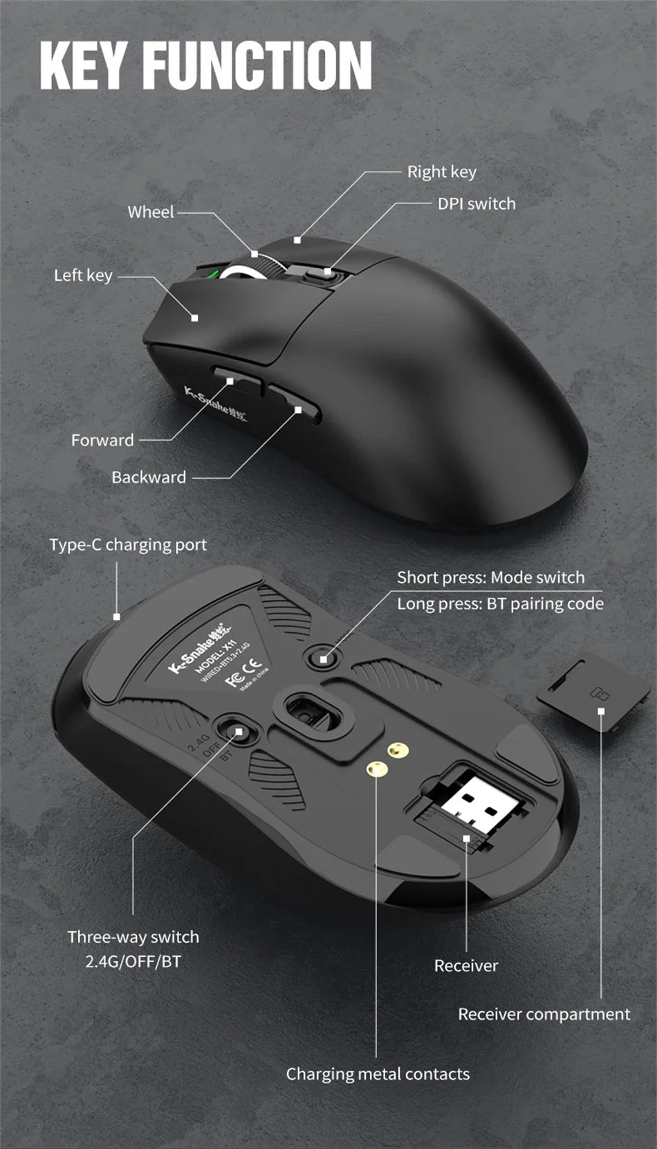 X11 Wireless Mouse,Bluetooth/2.4G/wired Tri-Mode Mouse ,PAW3311 RGB Magnetic charging dock Gaming Mouse