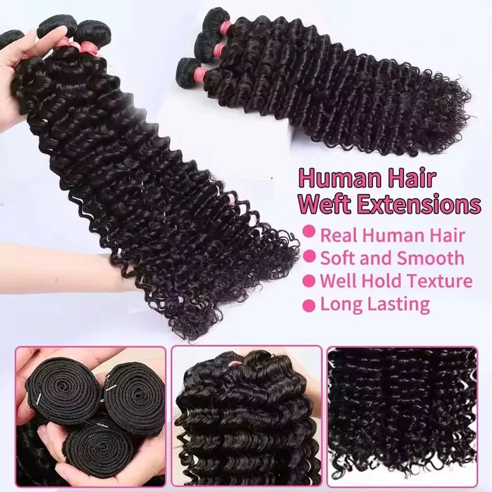 Deep Wave Human Hair Bundles 24 26 28 inch Deep Curly Bundles Natural Human Hair for Women Brazilian Raw Hair Extensions