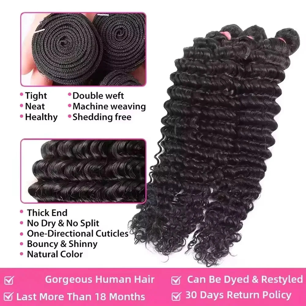 Deep Wave Human Hair Bundles 24 26 28 inch Deep Curly Bundles Natural Human Hair for Women Brazilian Raw Hair Extensions