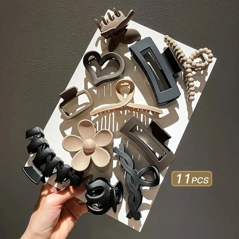 11pc Hair Shark Clip Set for Women (Frosted Plastic) Fashion Style