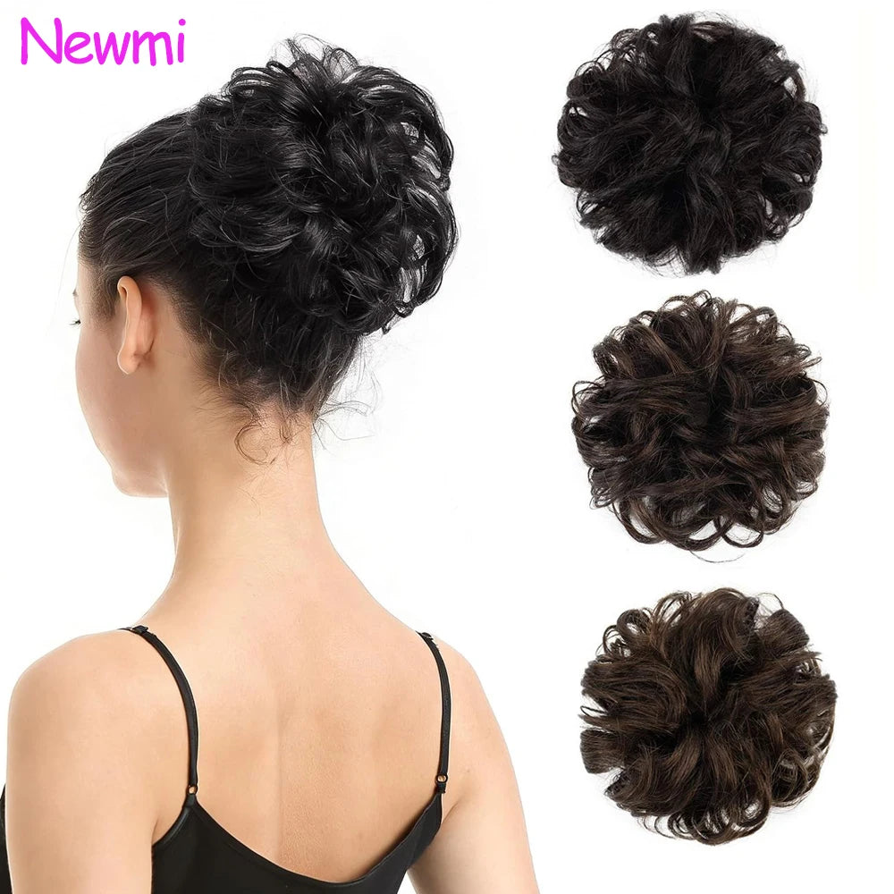 Newmi 100% Real Human Hair Bun Extensions Ponytail Updo Curly Chignon for Women Natural Black Ponytail Extension