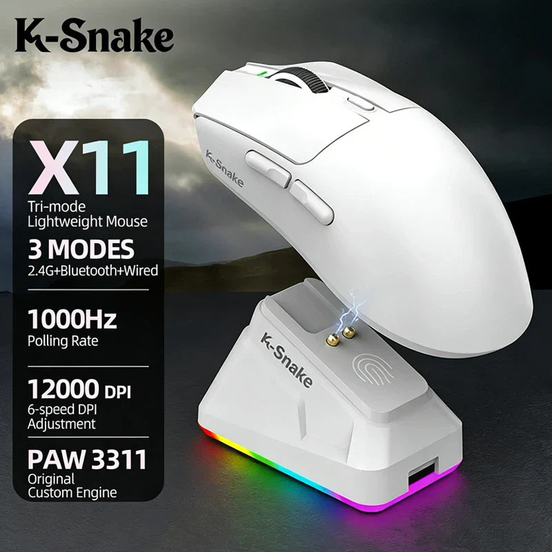 X11 Wireless Mouse,Bluetooth/2.4G/wired Tri-Mode Mouse ,PAW3311 RGB Magnetic charging dock Gaming Mouse