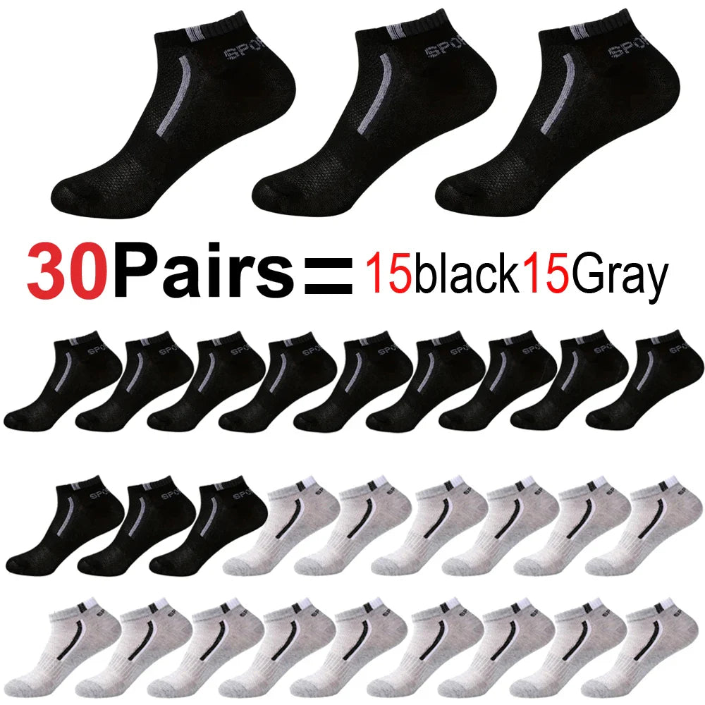 30 Pairs Men’s Ankle Socks – Breathable Mesh, Color-Block Athletic & Casual Low-Cut Socks