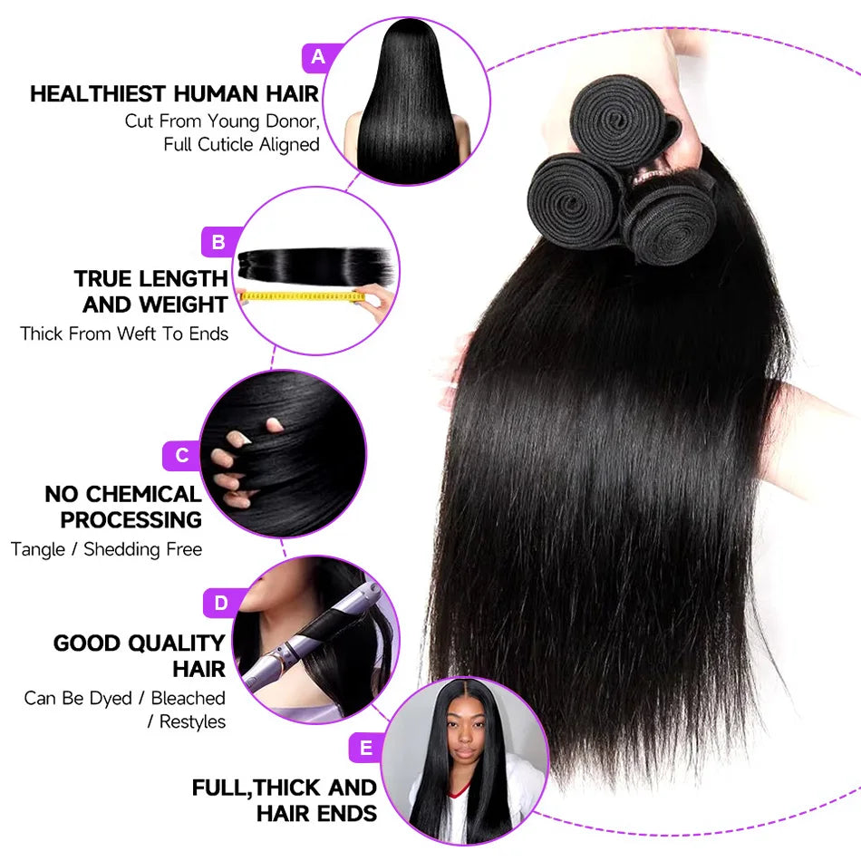 14A 36 Inch Bone Straight Weave Human Hair Bundles Raw Hair Extensions Brazilian Natural Black 1 3 4 Bundle Deals Unprocessed