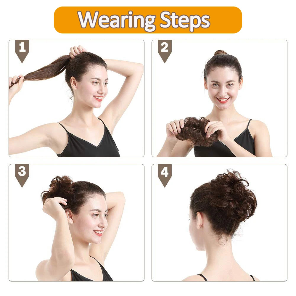 Newmi 100% Real Human Hair Bun Extensions Ponytail Updo Curly Chignon for Women Natural Black Ponytail Extension