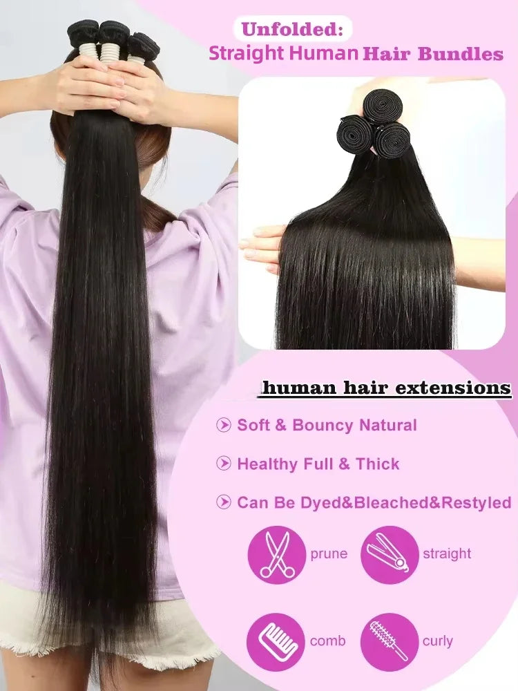 26 28 30 40 Inches Straight Human Hair Bundles Brazilian Raw Remy Weave 100% Unprocessed Extension Weft Natural Black For Women