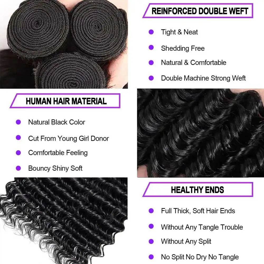 Loose Deep  Wave Human Hair Bundles Brazilian Remy Virgin Hair Thick Double Drawn Weave Extensions Natural Black Color For Women