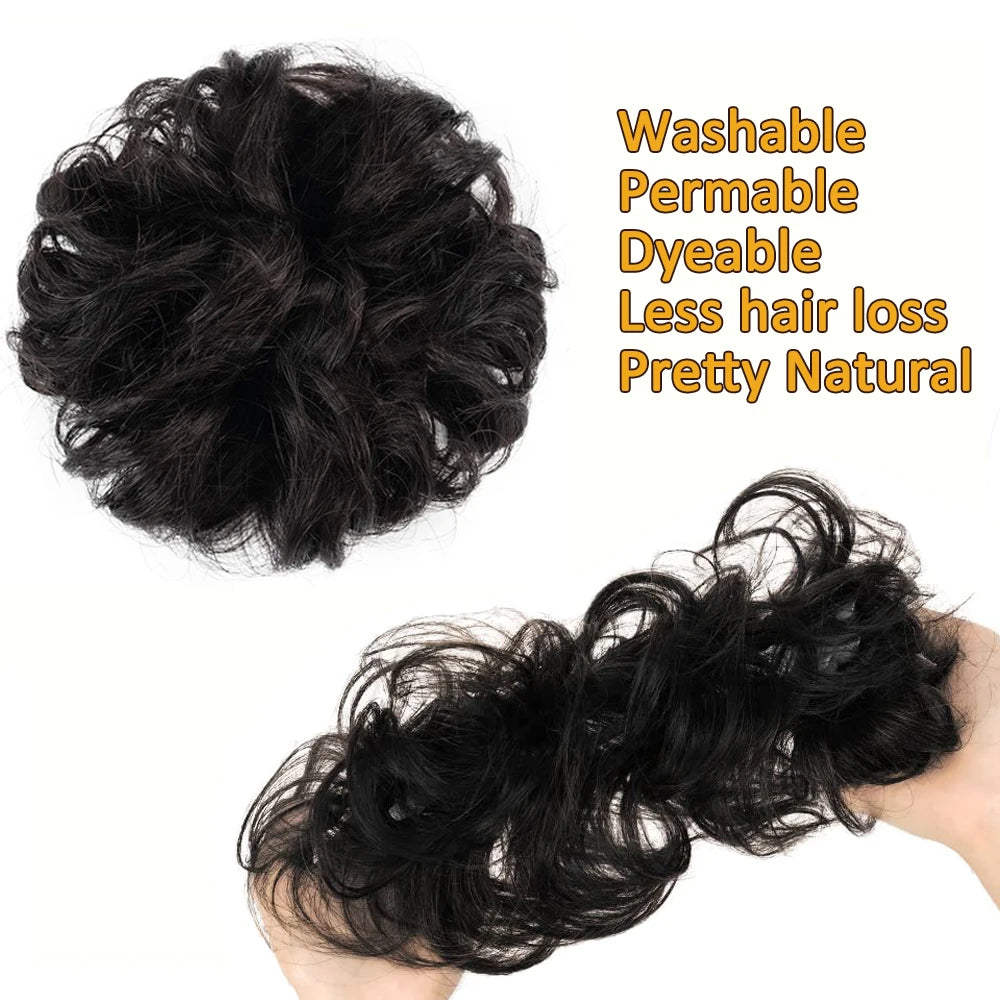 Newmi 100% Real Human Hair Bun Extensions Ponytail Updo Curly Chignon for Women Natural Black Ponytail Extension