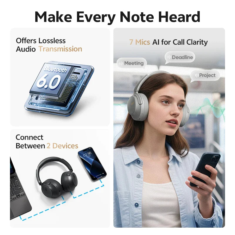 QCY H3S -56dB Adaptive ANC Over Ear Headphone Hi-Res LDAC Spatial Sound Wireless Earphone Bluetooth 6.0 Dual Driver 102H Headset