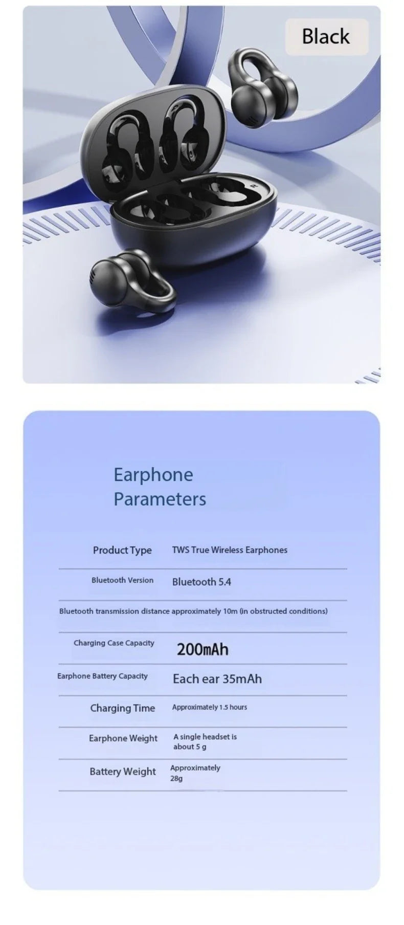 Wireless Ear Clip Bluetooth Headphones – Open-Ear Sport Earbuds with Mic