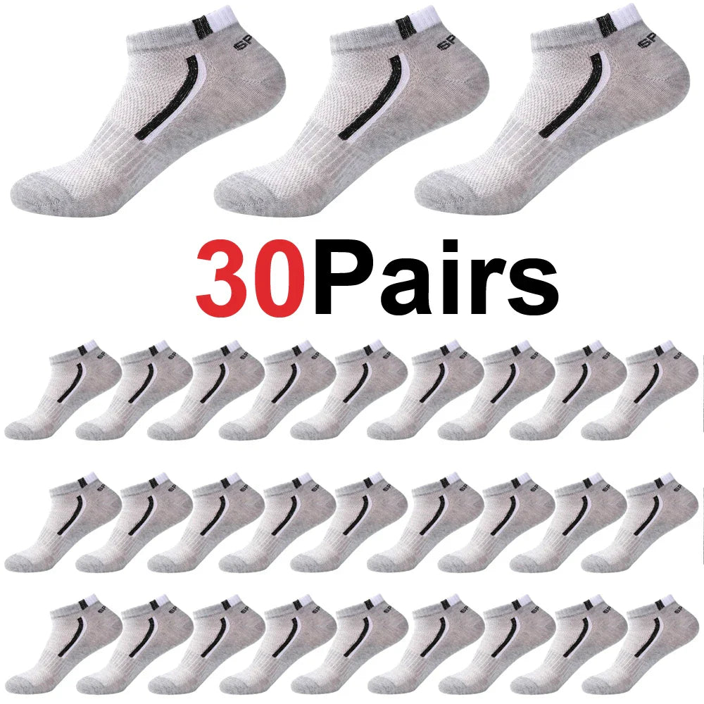 30 Pairs Men’s Ankle Socks – Breathable Mesh, Color-Block Athletic & Casual Low-Cut Socks