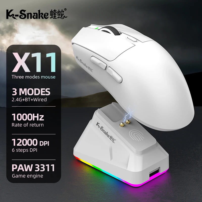 X11 Wireless Mouse,Bluetooth/2.4G/wired Tri-Mode Mouse ,PAW3311 RGB Magnetic charging dock Gaming Mouse
