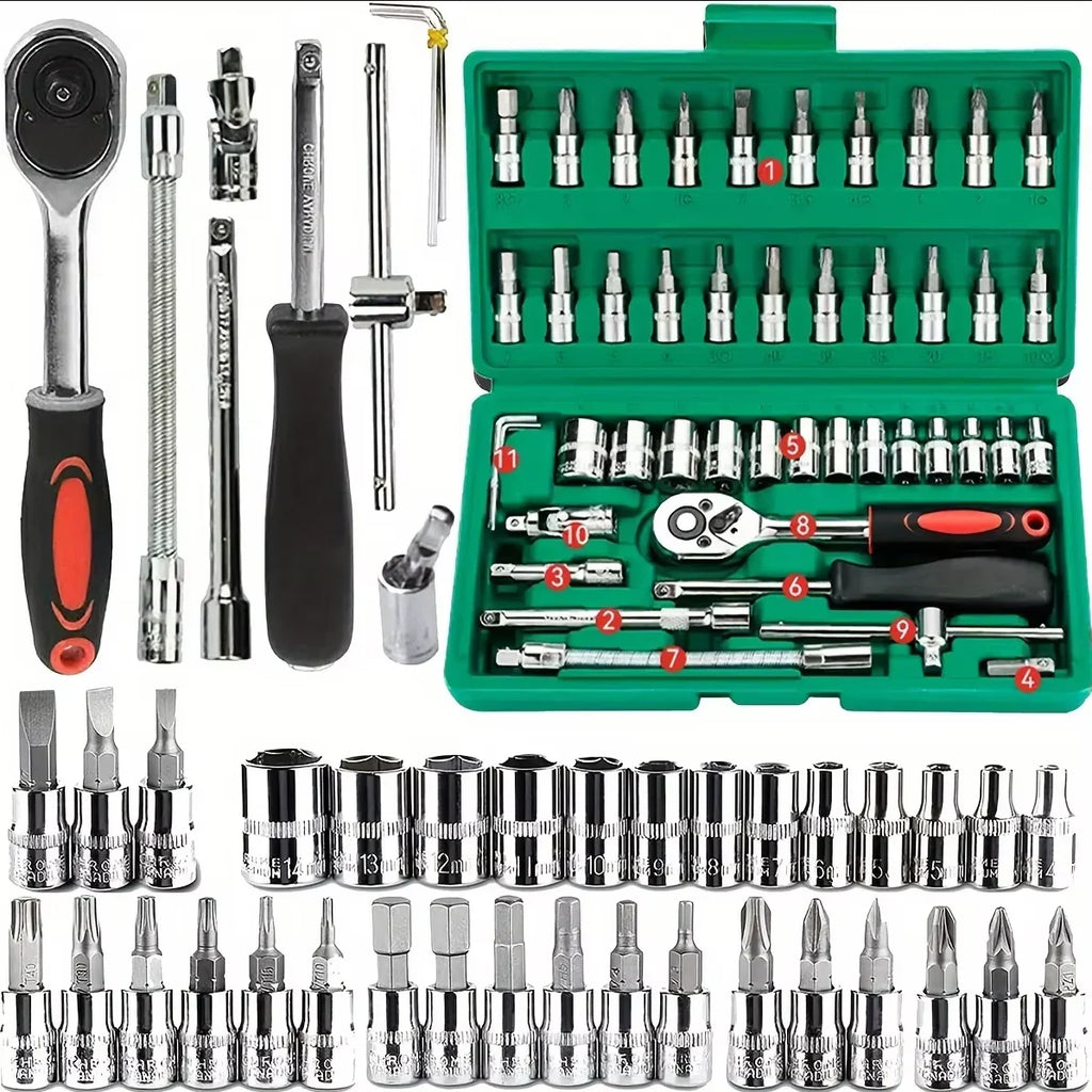 46PCS Socket Wrench Tool Set – 1/4" Ratchet Metric & Hex Bit Kit for Auto Repair & Home Use