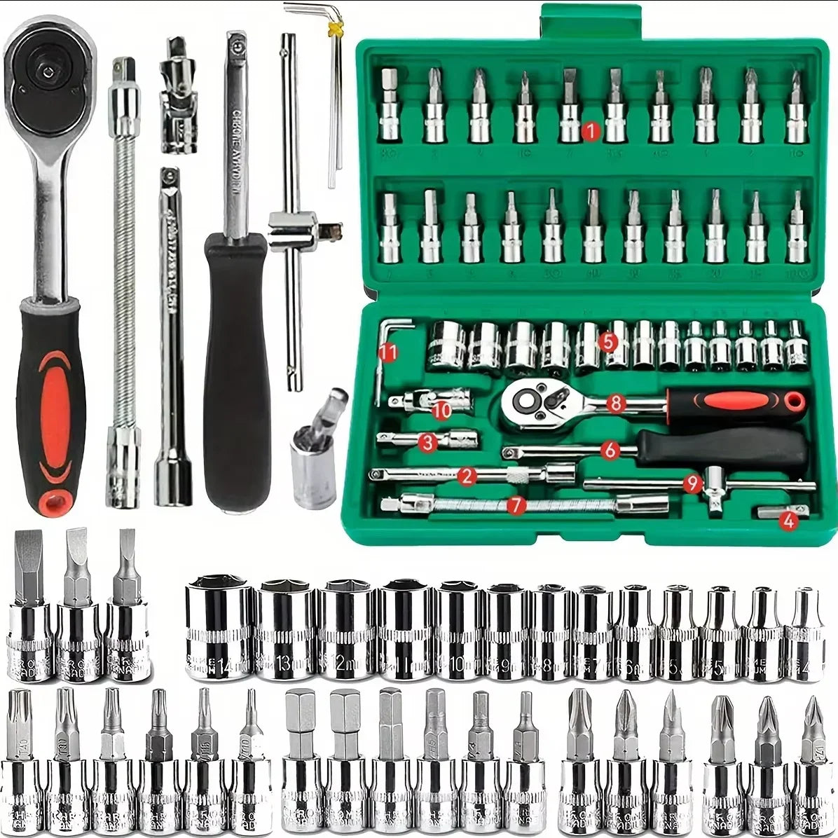 46PCS Socket Wrench Tool Set – 1/4" Ratchet Metric & Hex Bit Kit for Auto Repair & Home Use