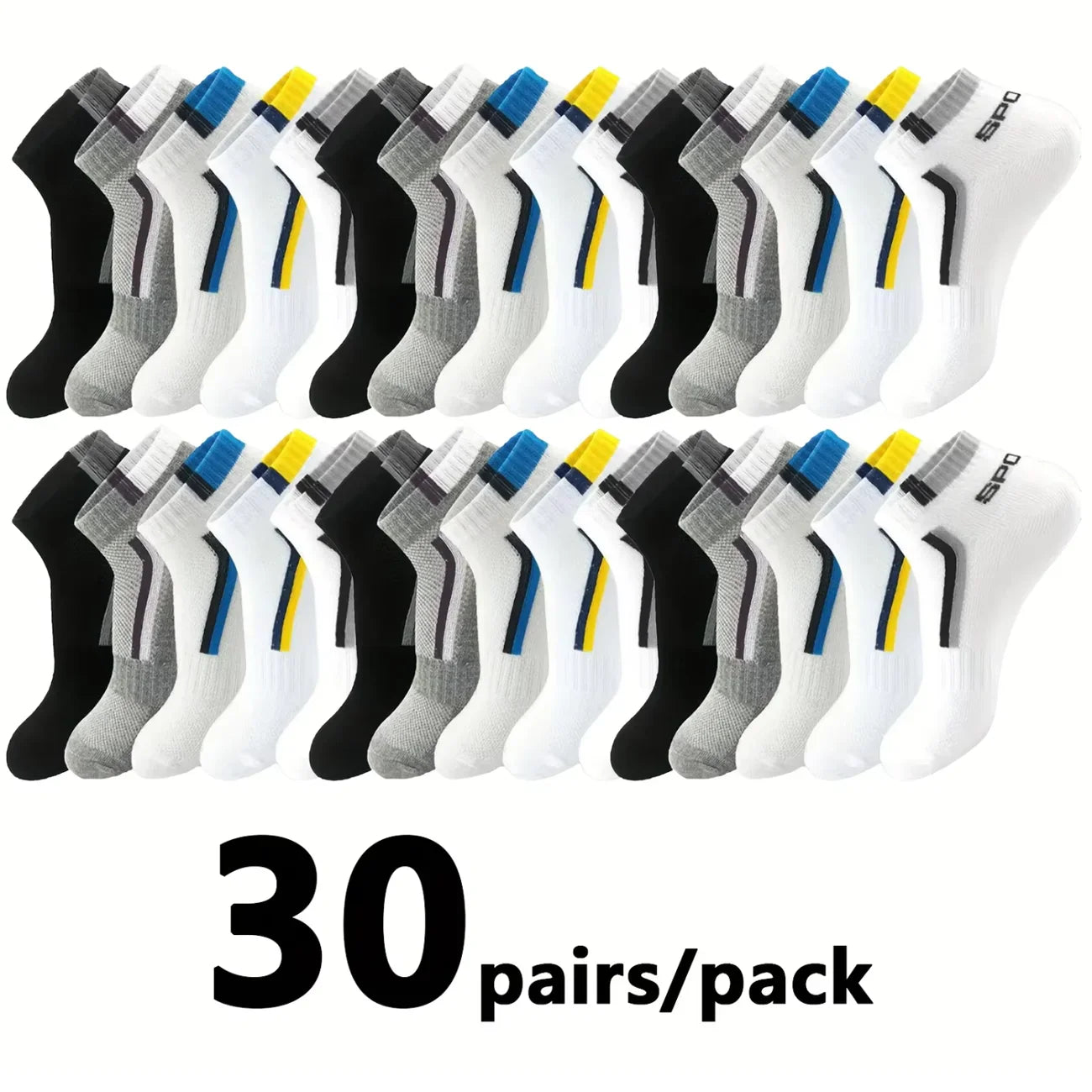 30 Pairs Men’s Ankle Socks – Breathable Mesh, Color-Block Athletic & Casual Low-Cut Socks