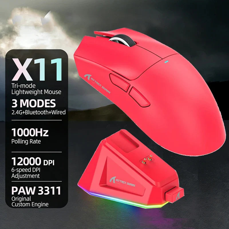 X11 Wireless Mouse,Bluetooth/2.4G/wired Tri-Mode Mouse ,PAW3311 RGB Magnetic charging dock Gaming Mouse